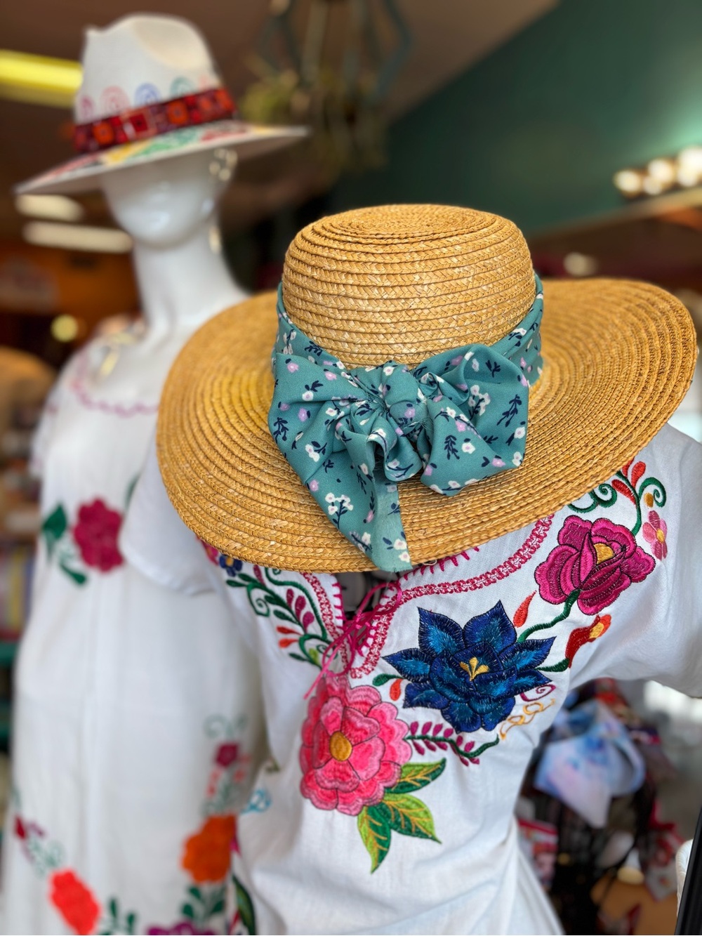 Natural Straw Sun Hat with Teal Floral Bow